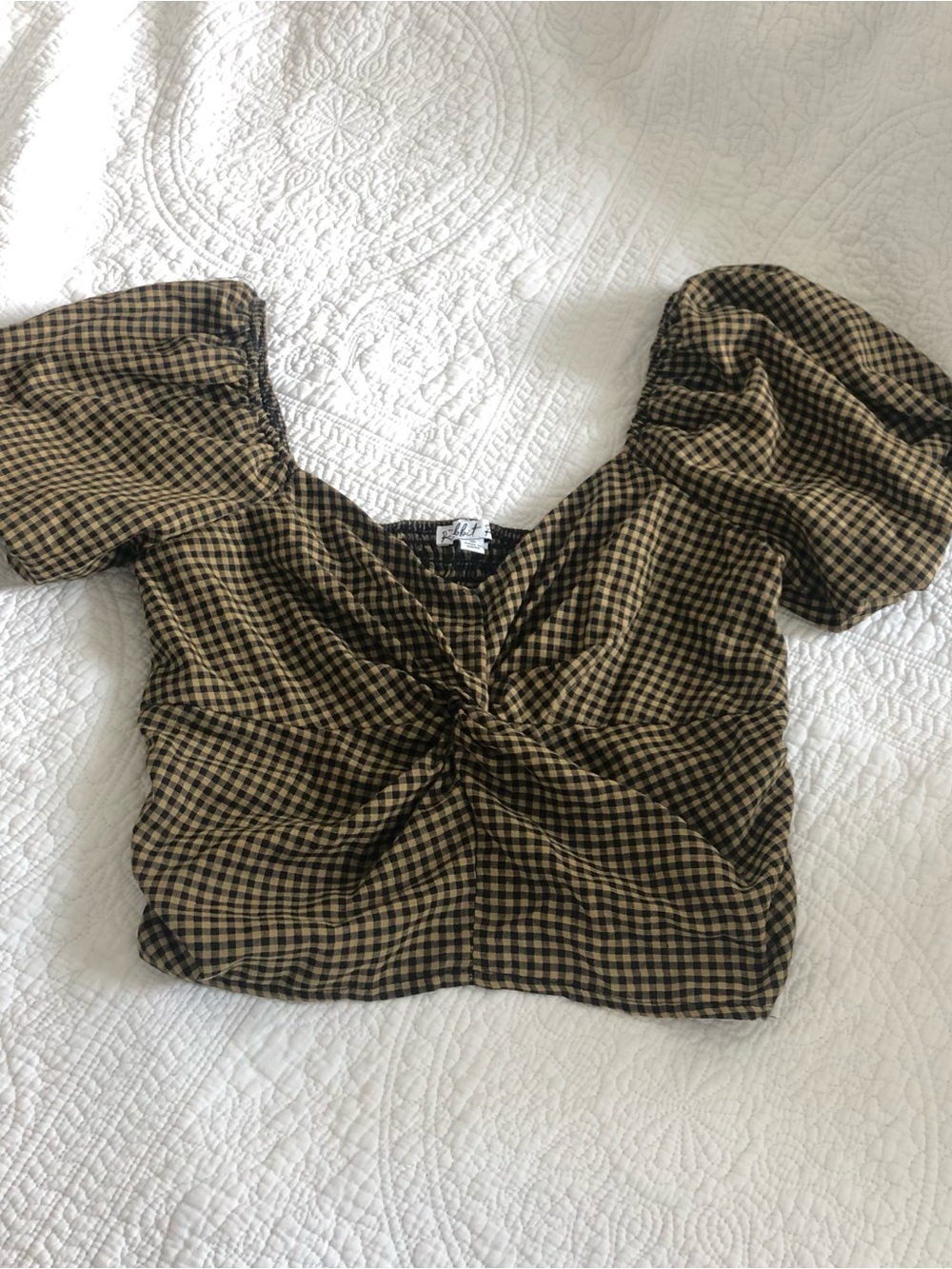 Black and Yellow Gingham Twist-Front Puff Sleeve Top